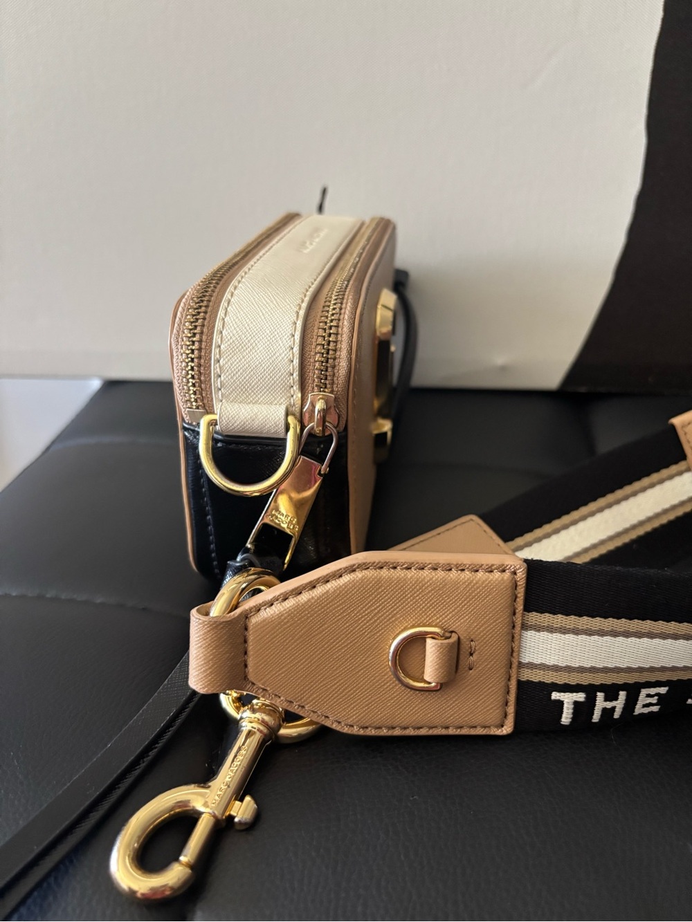 Marc Jacobs Tan & Black Snapshot Crossbody with Striped Strap - Picture 4 of 11